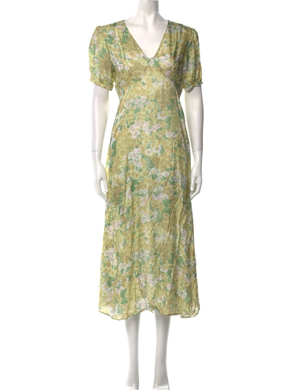 Rouje Vintage Green Floral V-Neck Midi Dress